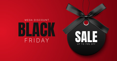 Wall Mural - black friday sale banner. discount background with black label and black ribbon with bow. vector