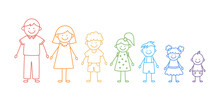 Happy Doodle Stick Mans Family. Set Of Hand Drawn Figure Of Family In Colors Of Rainbow. Mother, Father And Kids. Vector Illustration Isolated In Doodle Style On White Background.