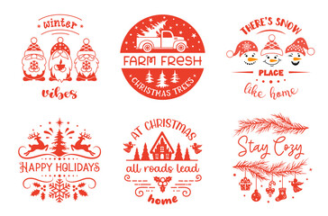 Christmas sign with quotes. Set of winter holiday symbols with saying. Christmas emblem designs. Festive design for badges and cards.