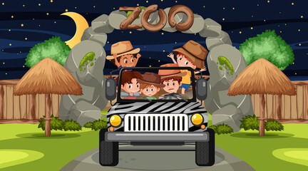 Wall Mural - Safari at night scene with many kids in a jeep car