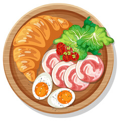 Wall Mural - Breakfast croissant with ham and boiled egg on a plate isolated