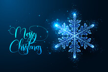 Abstract Glowing Polygonal Snowflake Isolated On Dark Blue Background. Merry Christmas Greeting Card