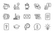 © blankstock - Line icons set. Included icon as Statistics, Credit card, Waiting signs. Bucket with mop, Unknown file, Smartphone sms symbols. Graduation cap, Valentine, Coffeepot. Idea, Document. Vector