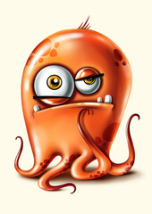 Wall Mural - Funny cartoon orange monster with tentacles