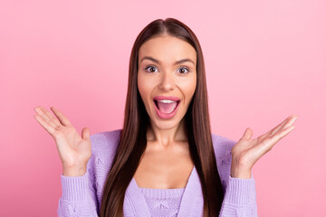 Canvas Print - Photo of happy amazed young woman raise hands shocked sale news isolated on pastel pink color background