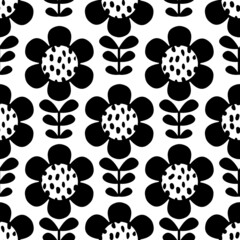 Wall Mural - Bold black and white scandi floral seamless vector pattern. Large scale Scandinavian style flowers in a geometric design. Minimalist, modern, fun, folk floral art. Repeating background texture print.