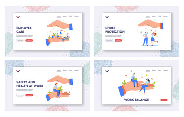 Employee Care Landing Page Template Set. Happy Tiny Workers Sit on Huge Hand. Office Characters Under Leader Protection