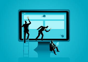 Businessmen working together looking for computer bug
