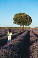 Young Woman Walking Amidst Lavender Plants On Field