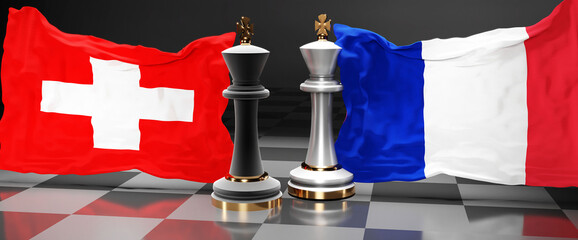 Switzerland France summit, fight or a stand off between those two countries that aims at solving political issues, symbolized by a chess game with national flags, 3d illustration