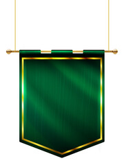 Medieval style green flag hanging on gold pole