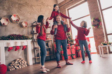 Poster - Photo of funky family father piggyback hold daughter hold hands tradition in decorated x-mas home indoors