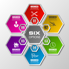 Fototapete - Information infographic statistic vector presentation. Graphic composition for your business presentations. Six hexahedron label for your annotations. 6 hexagon sticker for registration of proposals