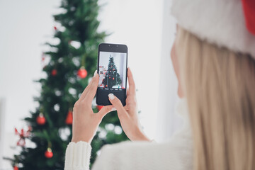 Sticker - Cropped photo of young charming woman hold hand phone take picture christmas tree indoors inside house home