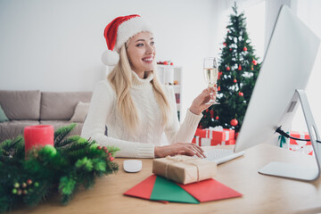 Sticker - Photo of adorable sweet young lady wear knitted pullover talking selfie modern device rising wine glass indoors house home room