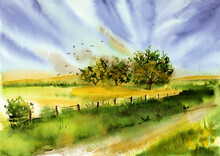 Watercolor Illustration Of Green Summer Landscape With Field, Distant Green Trees, Country Road And Wooden Hedge
