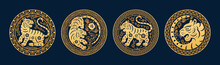Chinese New Year 2022 Symbols, Golden Tigers With Floral Arrangements, Character Fu Text Translation. Vector Wild Striped Cats With Flower Patterns In Round Banners, Spring Festival Symbols, CNY Signs