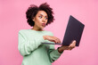 © deagreez - Portrait of impressed pretty dark skin person pouted lips unbelievable reaction isolated on pink color background