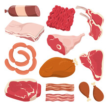 Meat Set Vector Isolated. Various Types Of Meat Products. Raw Pork, Roasted Chicken, Lamb Leg And Sausage. Protein And Fat Food. Uncooked Red Meat.