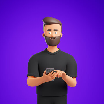 handsome beard cartoon character man in black t-shirt hold smartphone over purple background.