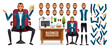 © ZeinousGDS - Businessman boss creation kit vector set. Business man creator office characters in editable standing and sitting pose with arms and head body parts for cartoon employee design. Vector illustration.