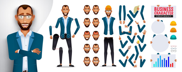 Wall Mural - Business man creator kit vector set. Businessman characters creation body parts with head, arms and legs for business pose and gestures creator elements design. Vector illustration.
