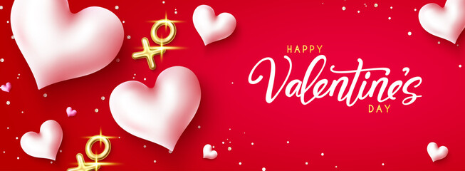 Wall Mural - Valentines greeting vector background design. Happy valentine's day text in red space with hearts, balloon and confetti decoration for valentine celebration banner. Vector illustration.
