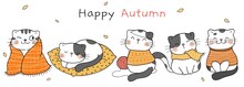 Draw Happy Cat In Autumn Season Happy Fall Concept