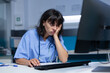 © DC Studio - Medical specialist falling asleep at desk and using computer, working late at night. Woman assistant feeling burnout and exhaustion after doing overtime work on monitor for healthcare