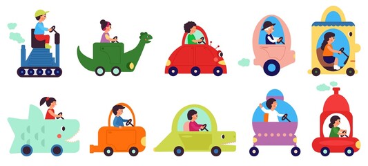 Poster - People riding. Cartoon childish transportation characters. Woman man ride fantasy cars. Person drive vehicle, delivery or relocation decent vector set