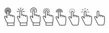 Set Of Hand Pointer Symbol In Thin Line Style. Computer Mouse Click Cursor In White Background. Clicking Finger. Click Cursor Collection. Hand Pointer Icon. Touch Gesture Icon. Vector
