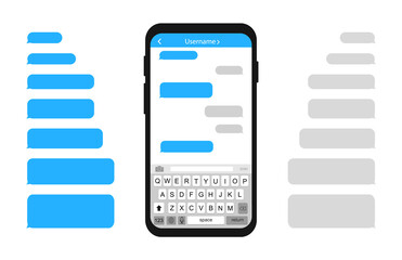 Smart Phone with message bubbles. Chatting sms template. Phone and speech bubbles in blue colour. Messenger mockup. Modern chat for mobile phone. Vector illustration.
