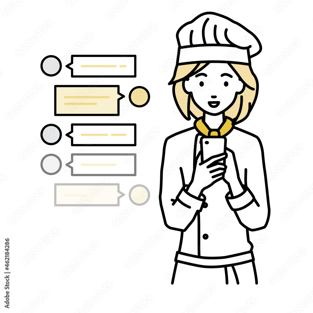 立ってスマートフォンで楽しくチャットで会話する調理師の女性