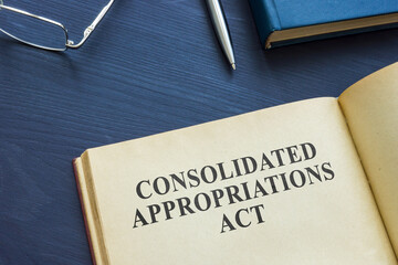 Open book with Consolidated Appropriations Act and pen.