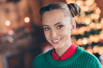 Canvas Print - Photo of young attractive cheerful girl christmas eve spirit jolly holly fairy new year winter indoors