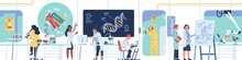 Biologists Or Chemists Laboratory. Technological Research Center With Genetics At Work. Scientists Study DNA And Conduct Experiments In Lab. Looped Panorama. Vector Seamless Concept