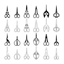 Set Of Scissors Icons. Silhouettes And Outlines Of Vintage And Curly Scissors For Needlework And Collecting. Vector Illustration Isolated On A White Background For Design And Web.