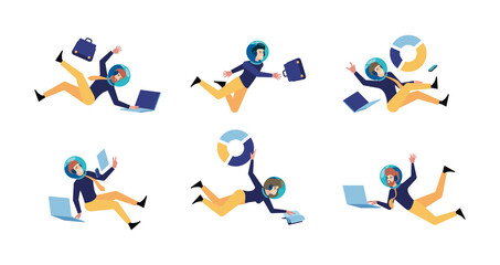 Wall Mural - business astronaut. success happy persons directors managers in costumes and helmets flying and hold