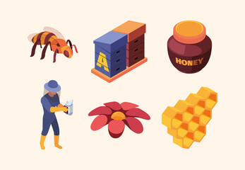 Sticker - Apiary isometric. Honey farm and accessories flowers bees keeping customers honeycomb garish vector 3d illustrations set