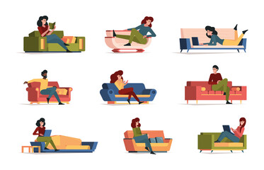 Sticker - Lazy people. Relaxing persons rest on couch sleeping characters garish vector colored flat furniture illustrations