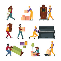 Wall Mural - Relocation family. Happy people moving modern furniture couple going in new house garish vector flat persons