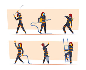 Poster - Fireman characters. Emergency safety save life persons fire fighters people with equipment garish vector professional workers in uniform