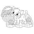 Coloring Page Outline Of cartoon little cat with basket for knitting. Cute playful kitten with balls of yarn. Pet. Coloring book for kids