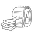 Coloring Page Outline of children satchel or knapsack with books or textbooks. School supplies. Coloring book for kids