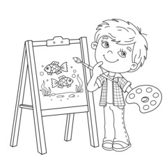 Sticker - Coloring Page Outline Of cartoon boy with brush and paints. Little artist at the easel drawing color fishes. Coloring book for kids