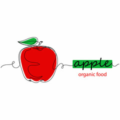 Wall Mural - Continuous one line drawing of apple with leaf organic food in silhouette on a white background. Linear stylized.