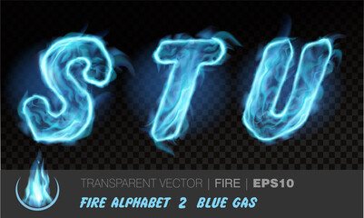 Alphabet of blue gas fire. Transparent realistic vector on dark background. Fiery font with light effect for your text. Letters STU