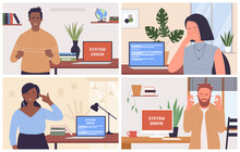 Mistake Error On Computer Screen And Angry Or Sad Business People Vector Illustration Set. Cartoon Man Woman Employee Characters Have Pc Problem, Frustrated Businessman In Office Workplace Background