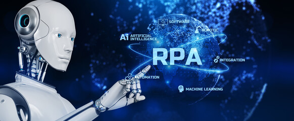RPA Robotic process automation concept. Robot pressing button on screen 3d render.