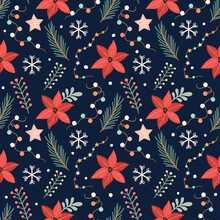 Christmas Floral Seamless Pattern With Poinsettia Flower, Festive Background, Winter Wallpaper, Gift Paper